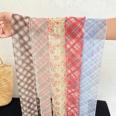 韩系格子网纱丝巾系脖围巾腰带