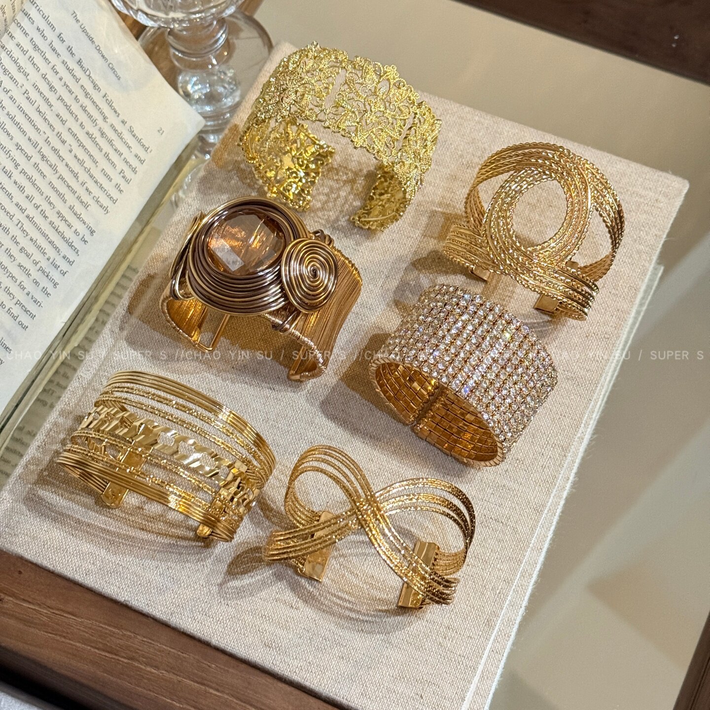 中古感~vintage古着金色夸张手镯女小众波西米亚宽版手环开口手饰