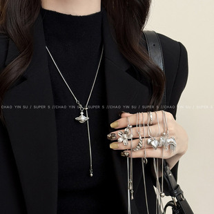 爆款合集!银色土星珍珠花朵项链女小众可抽拉调节毛衣链叠戴配饰