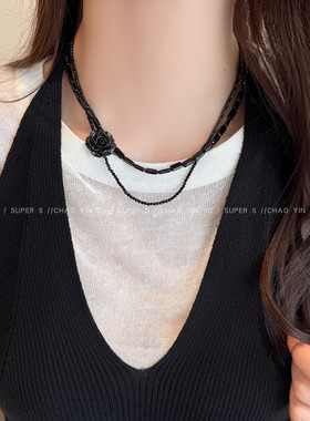 双层黑色米粒串珠花朵项链