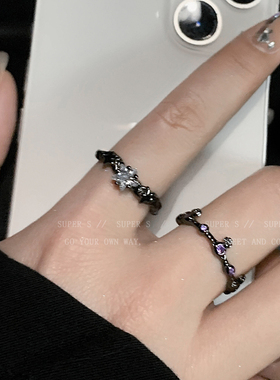 黑色开口戒指女y2k甜酷辣妹亚文化复古请轻奢高级感尾戒叠戴指环