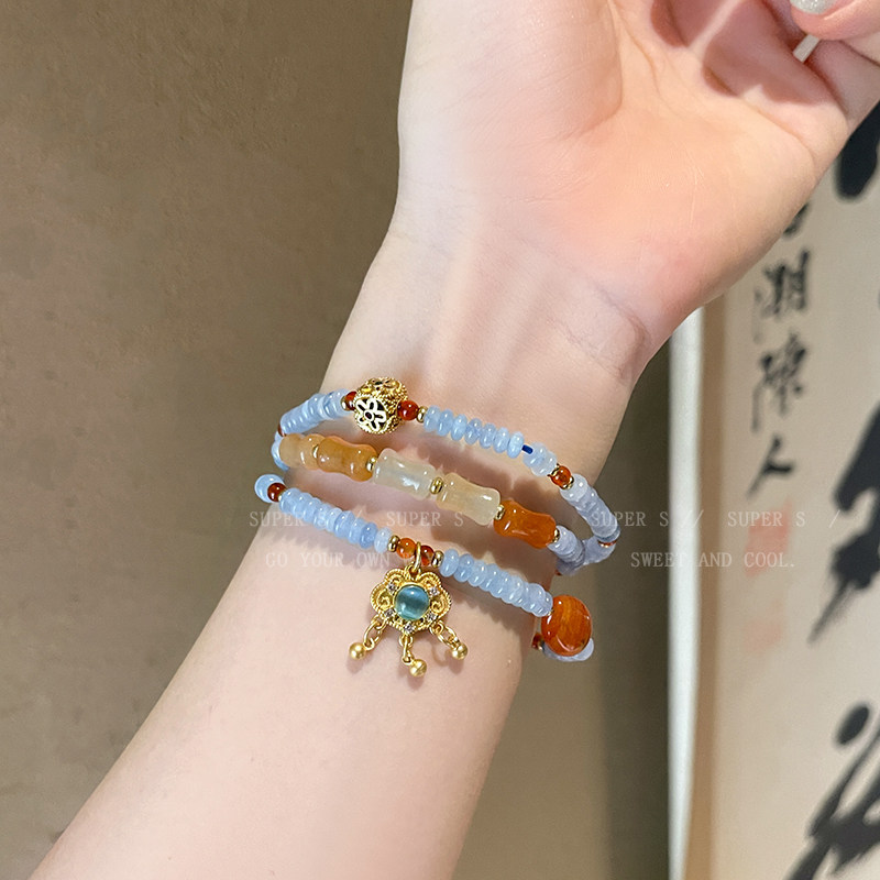 海蓝宝平安锁多层玛瑙串珠手链