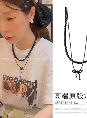 黑色蝴蝶结串珠皮绳叠戴项链女y2k甜酷高级感颈链时尚百搭配饰品