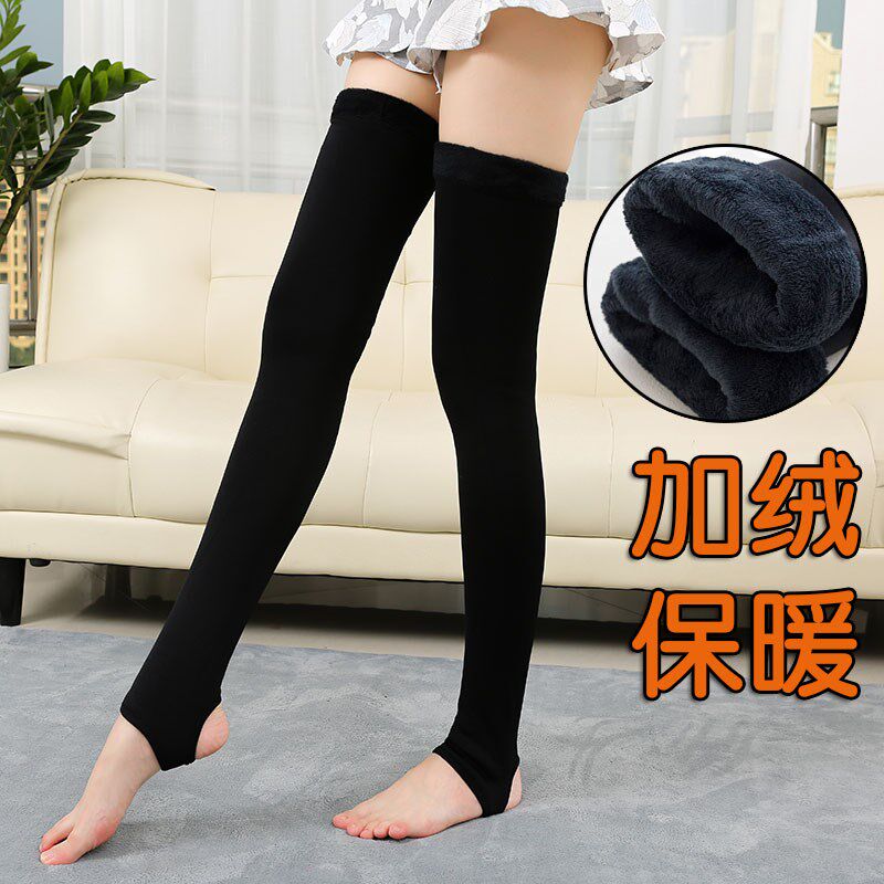 여성용 가을 겨울용 무릎 위 양말 도톰한 벨벳 따뜻한 무릎 패드와 레깅스 블랙 종아리 양말 스타킹 하이레그 스타킹