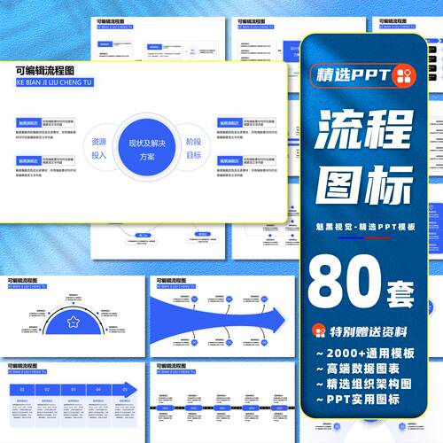 PPT模板流程图表可编辑可改色时间轴组织架构思维导图环形图素材
