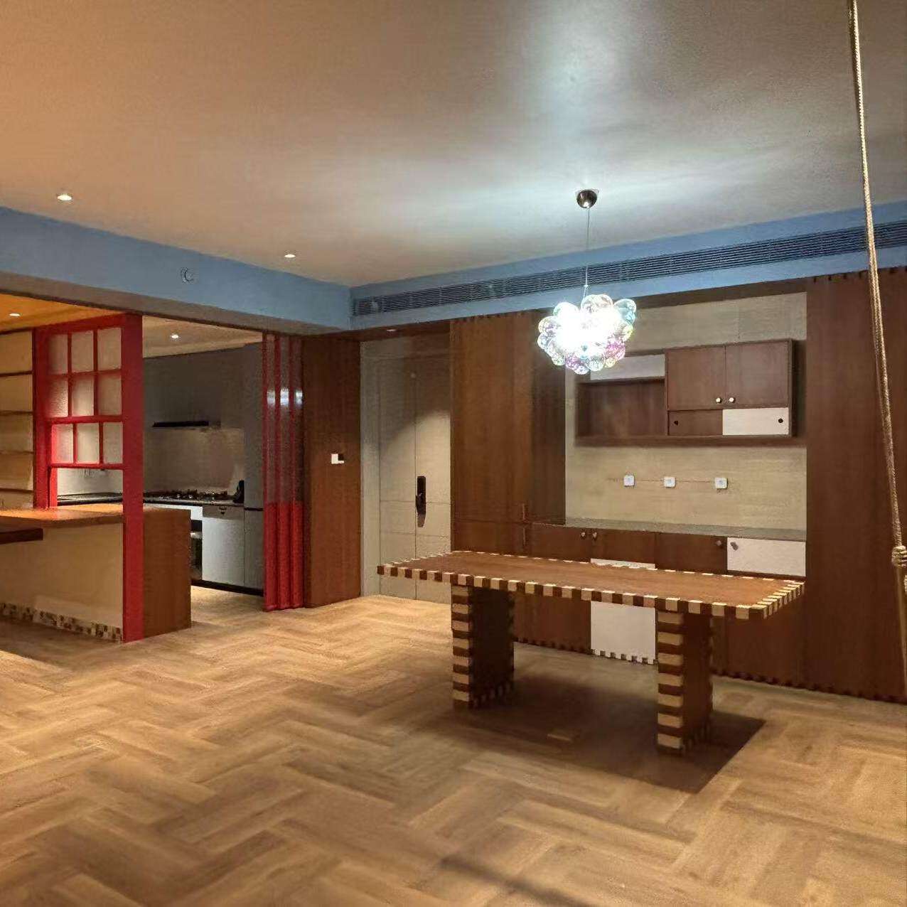 中古风拼花实木餐桌家用饭桌设计师创意侘寂风民宿艺术条纹吃饭桌