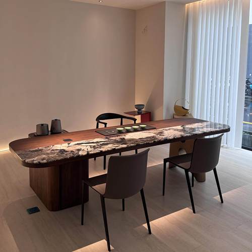 意式极简天然大理石实木茶桌设计师轻奢客厅茶台黑胡桃茶桌奢石