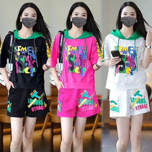 夏季新款印花连帽短袖短裤两件套