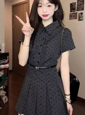 时尚复古假两件拼接波点连衣裙女