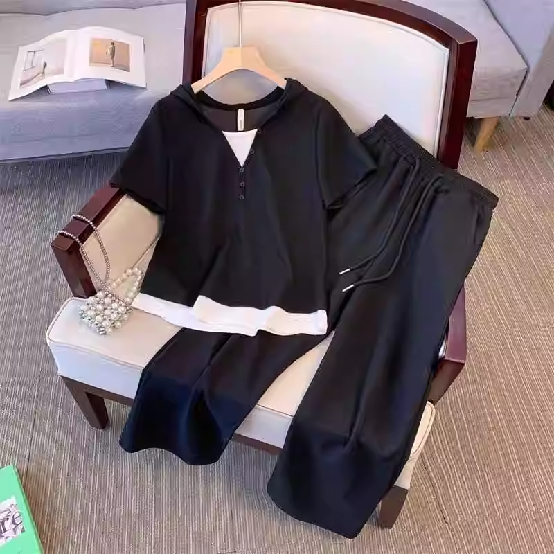 休闲运动服套装女夏装大码胖mm撞色假两件上衣T恤阔腿裤子两件套