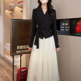 2026春夏新款气质西装上衣套装女时尚高级感网纱半身裙子两件套潮