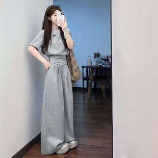 时尚慵懒风穿搭运动服套装女夏季露肩收腰短袖上衣阔腿长裤两件套