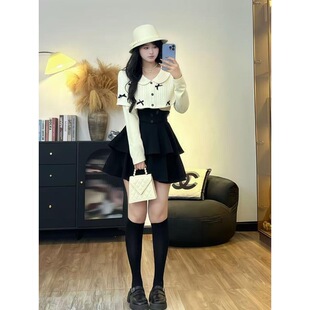 套装 千金风时尚 女秋冬胖mm斗篷蝴蝶结上衣蓬蓬短裙两件套 法式 大码