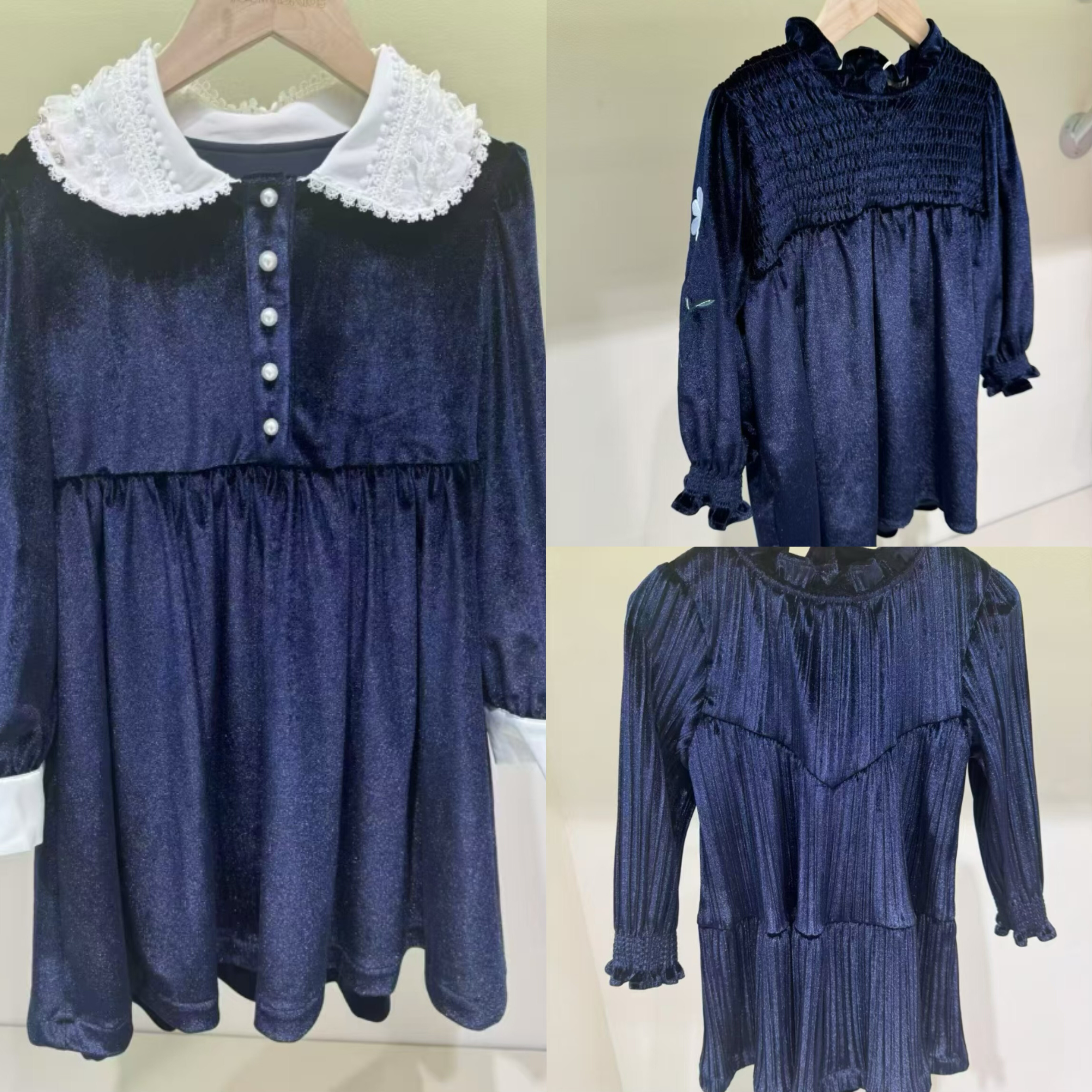 2025新款Zwergengarten手工定制女童深蓝色真丝丝绒连衣公主裙