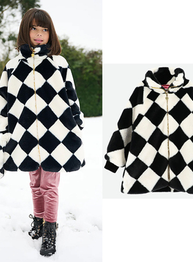 限时4折 英国angels face新款女童黑白棋盘格厚毛呢外套