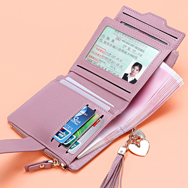 真头层牛皮钱包女式可爱简约流苏零钱夹韩版多功能超薄小票夹竖款