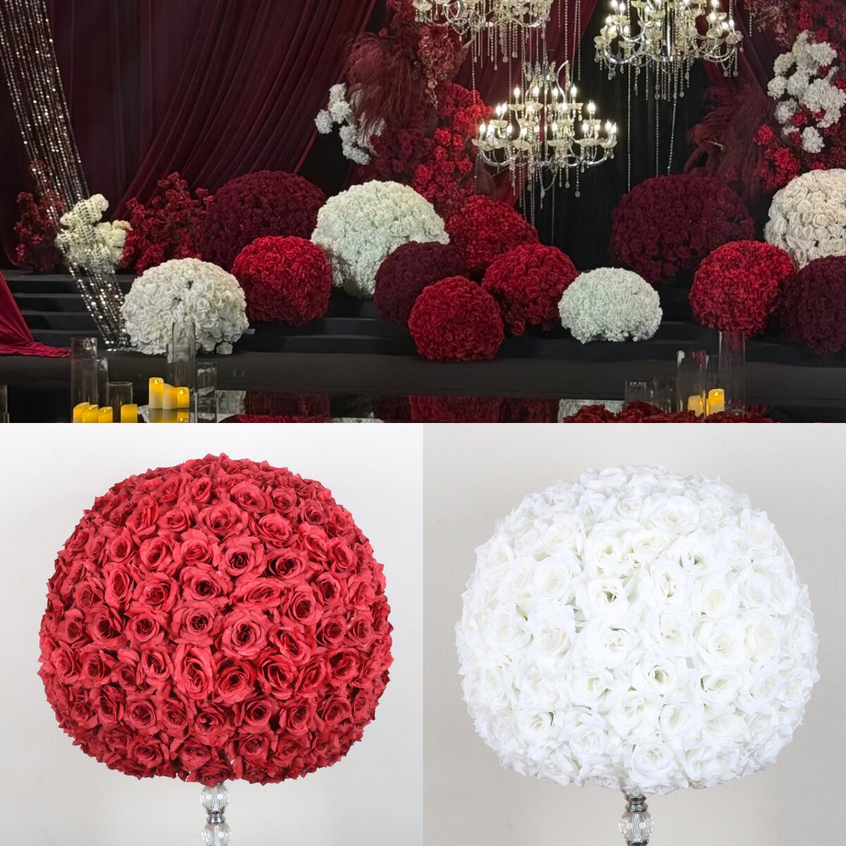 婚庆新款四分之三花球婚礼圆球装饰半圆玫瑰摆件绢花舞台仿真花球