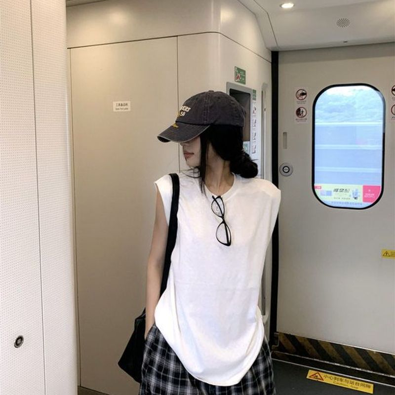 白色辣妹休闲运动坎肩背心女夏外穿宽松慵懒风显瘦无袖t恤上衣灰