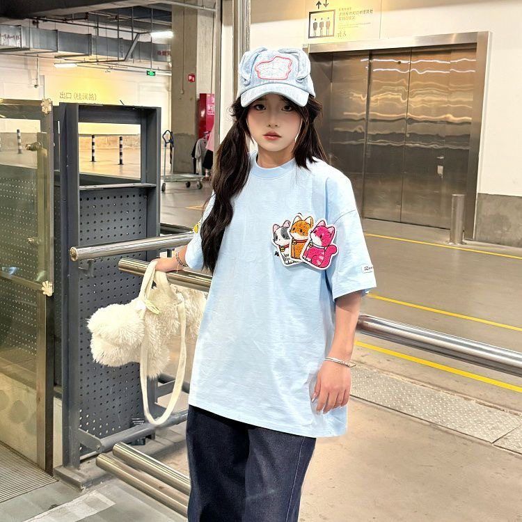 韩版刺绣小猫魔术贴纯棉短袖t恤女夏2025新款宽松ins超火学生上衣