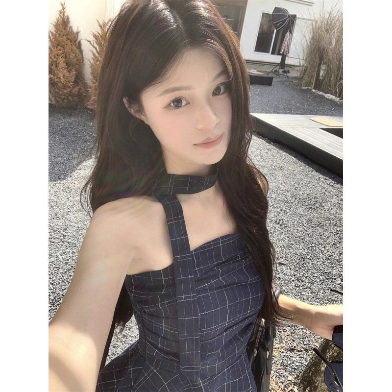 复古撞色格子抹胸背心女装夏季辣妹修身外穿短款露肩上衣小个子