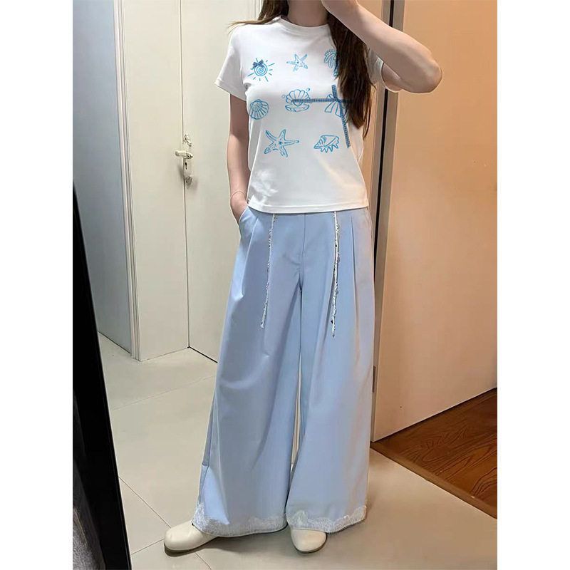 水柔棉韩系白色印花正肩短袖T恤女夏2025新款修身短款圆领上衣ins