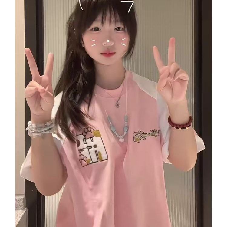 美式纯棉复古卡通刺绣男女情侣短袖t恤女夏2025新款宽松百搭上衣