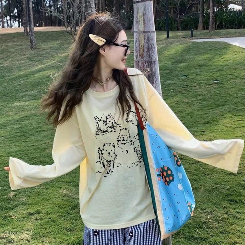 慵懒风微透卡通印花长袖防晒罩衫女宽松上衣夏季2025新款薄款T恤