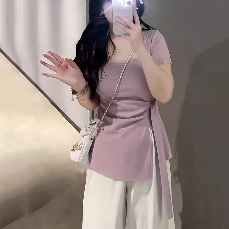 大码正肩短袖t恤女2025夏季新款设计感不规则胖MM遮肉显瘦上衣