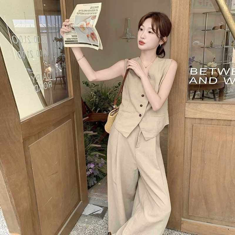 老钱风亚麻西装马甲阔腿两件套女2025新款夏季薄款透气高级感套装
