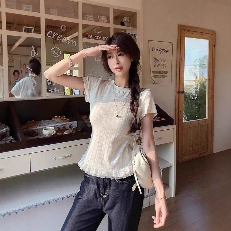 韩系白色爱心bm短袖T恤女夏季蝴蝶结蕾丝花边打底衫短款绝美上衣