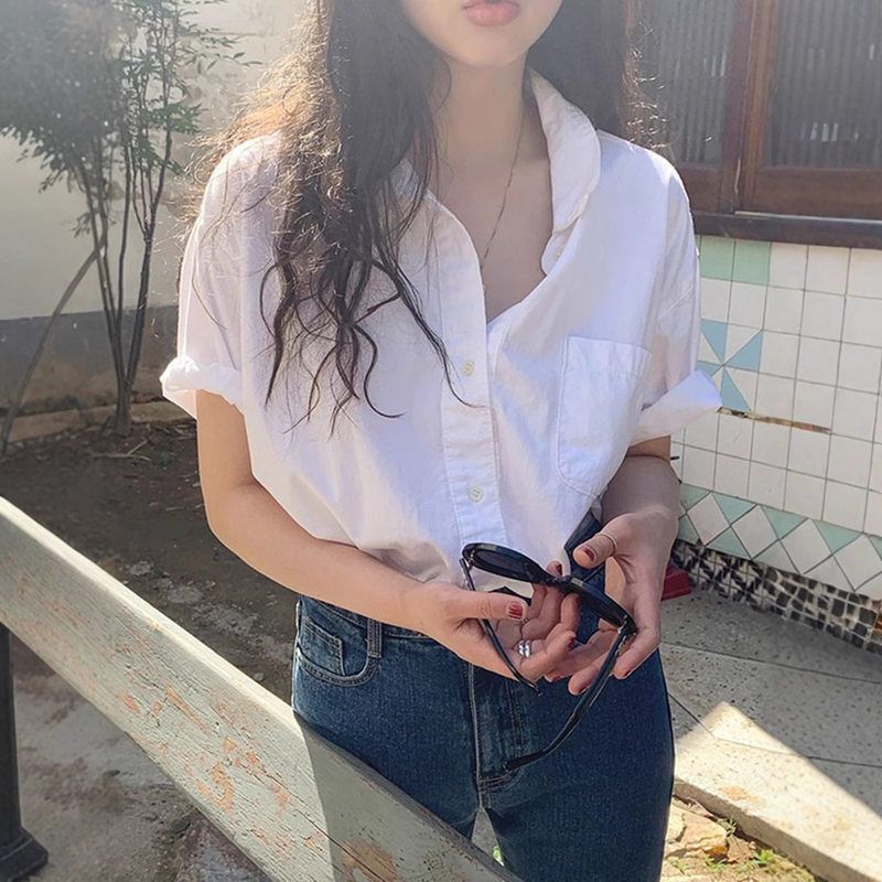 夏季短袖白衬衫女早春秋chic小众上衣新款法式设计感衬衣开衫