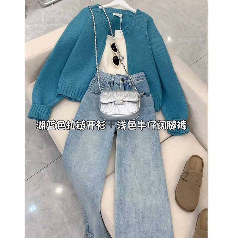 御姐宽松气质套装女入秋新款温柔风简约拉链开衫牛仔裤两件套装潮