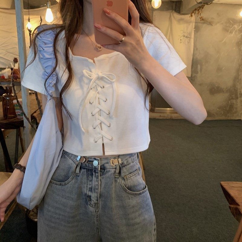 小众设计感短袖t恤女夏2025新款显瘦短款绑带百搭正肩针织衫上衣