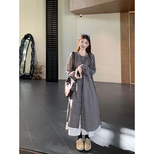 原版短裙面料格子长袖衬衫裙女秋叠穿慵懒风蕾丝学生气质连衣裙