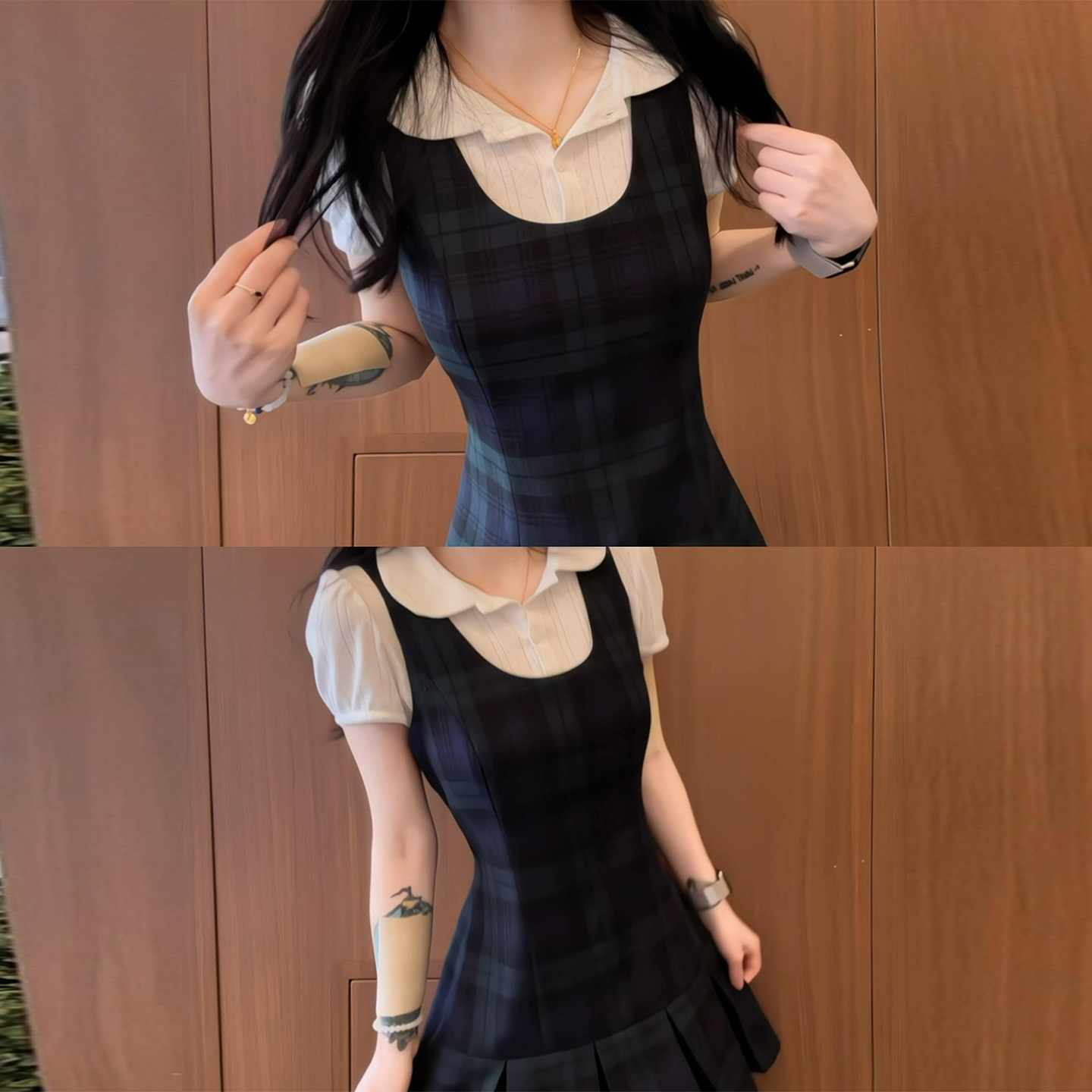 学院蕾丝风独特温柔套装女夏季娃娃领上衣格纹连衣裙感穿搭一整套
