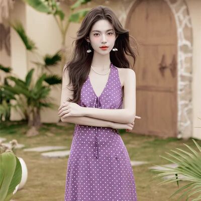 优质小个子质量风EIA一尧波尔卡假日法式蕾丝女早春紫色长裙子