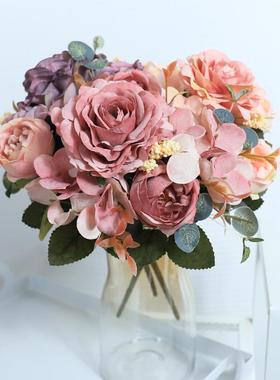 Artificial Flowers Retro Silk Rose Bouquet Hydrangea Peony V