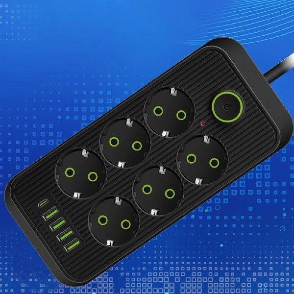 EU Plug Multi Tap Socket 6AC Outlets Power Strip 2500W
