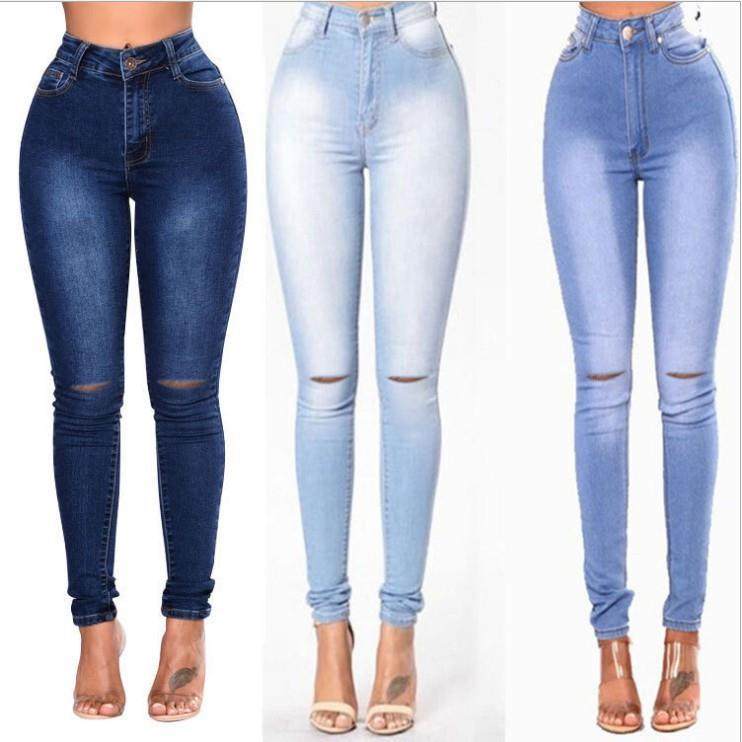 fashion elastic ripped jeans women ladies pants trousers女裤