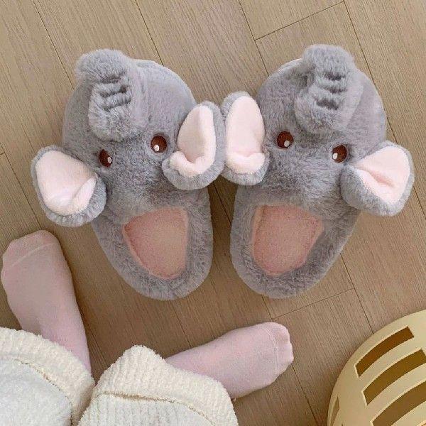 Plush Elephant Slippers Fluffy Couple Slippers Cute Furry