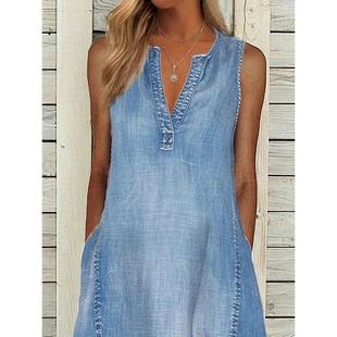 Sexy Denim Blue neck Women Dress line Sleeveless Summer