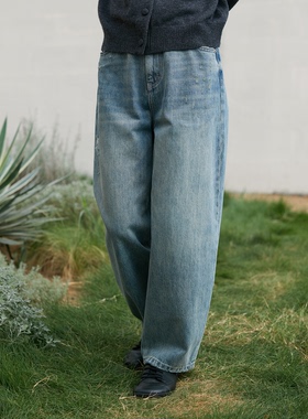 Seams Sense｜休闲简约复古感水洗蓝破洞宽松微弧牛仔长裤17156