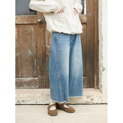 复古破洞毛边八分牛仔裤