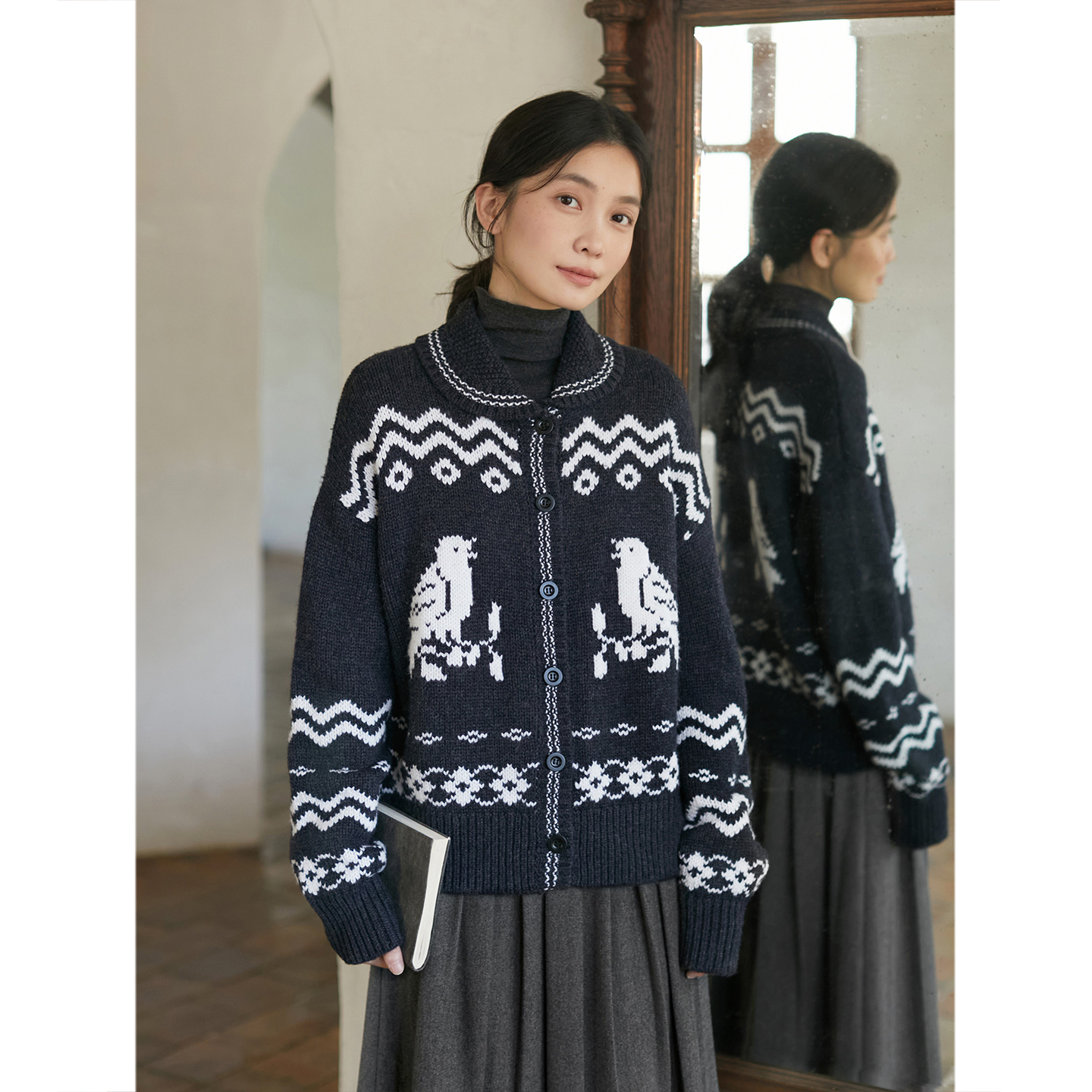 SeamsSense圆弧翻领小鸟提花开衫