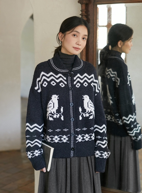 Seams Sense｜秋冬北欧复古圆弧翻领撞色小鸟提花毛衣开衫17183