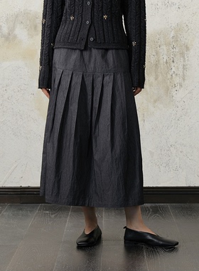 Seams Sense｜松弛文艺牛仔风黑灰百褶松紧腰中长半身裙17118