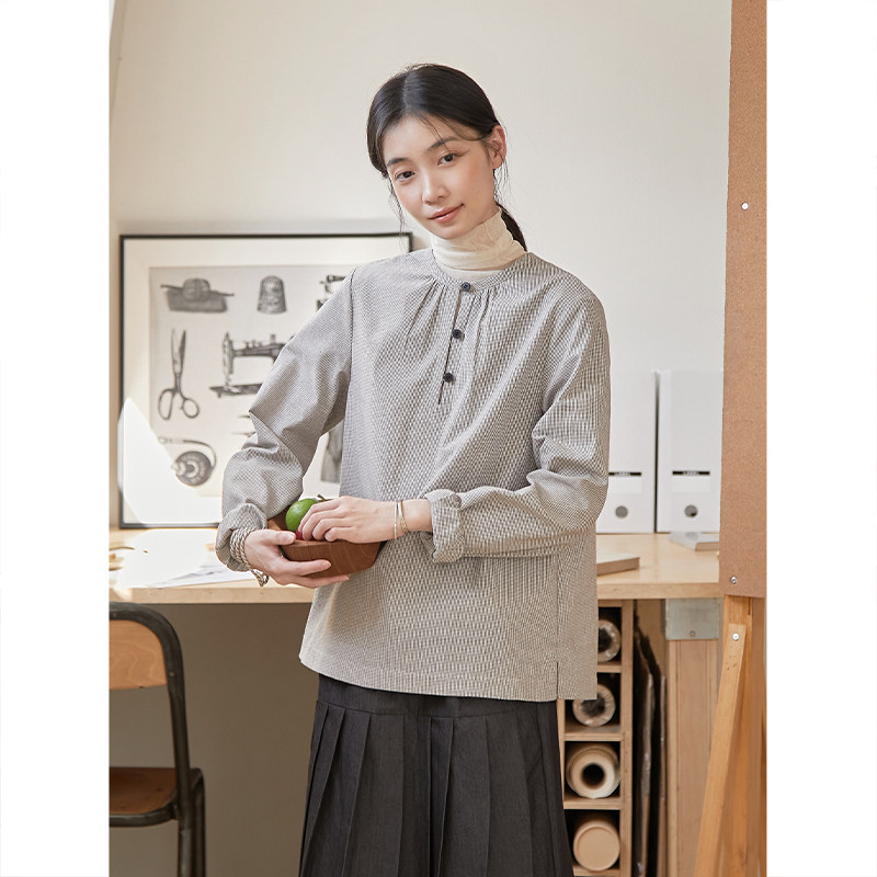 Seams Sense｜文艺设计感抽褶浅灰千鸟格圆领休闲衬衫上衣17148