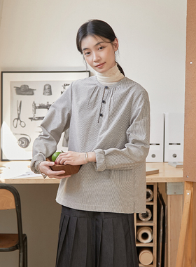 Seams Sense｜文艺设计感抽褶浅灰千鸟格圆领休闲衬衫上衣17148