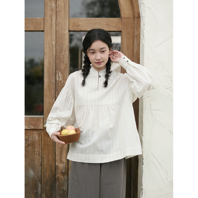 中式小立领宽松长袖衬衫