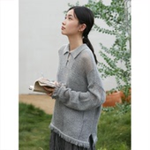 Seams 上衣17175 Sense｜文艺灰色马海毛棋盘格翻领流苏针织长袖